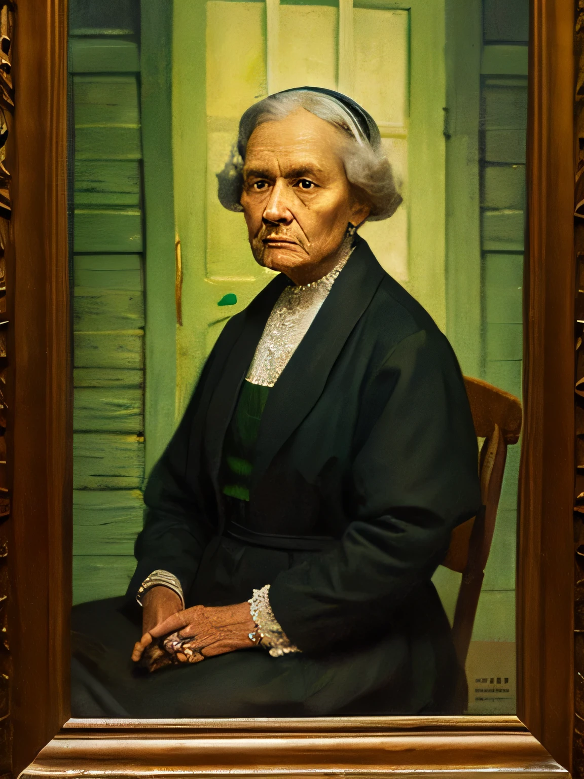 Portrait of an old woman, Sitting, Painting, The Style of Johannes Vermeer, high quality
