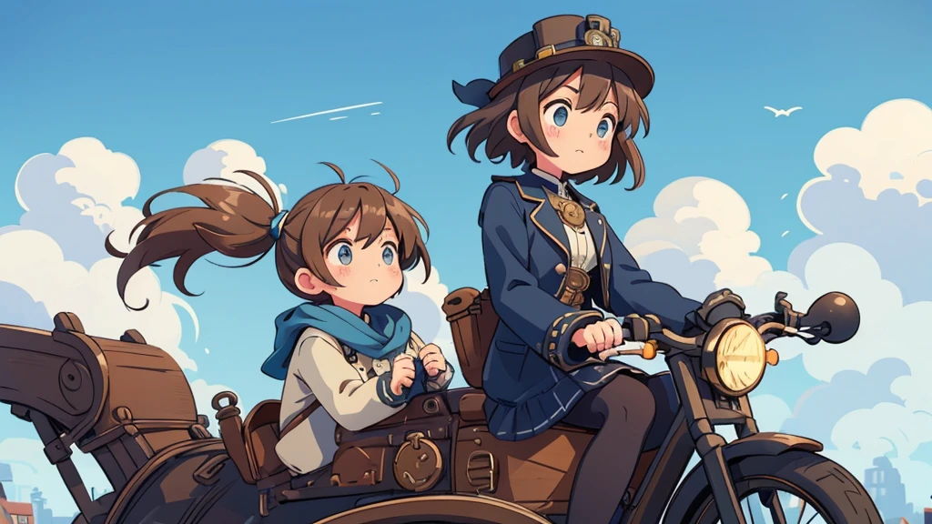 steampunk。One Girl。steampunk風の女子高生。Classic bike ride。Ride through a Victorian town。Dynamic Angle。Blue sky and white clouds in the background。