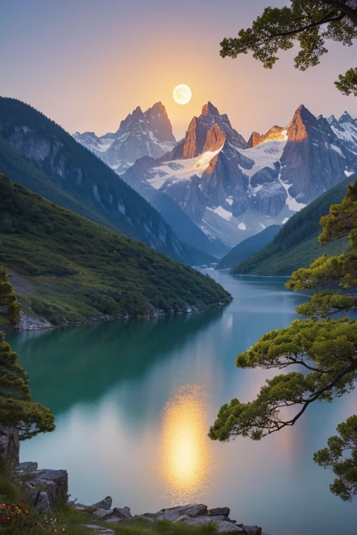Highest quality、masterpiece、Landscape painting、Moon, Mountains and Lakes、night、Surrealism