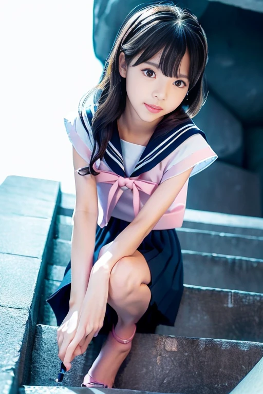 8K Ultra HD、Digital single-lens reflex camera、High resolution、Shallow depth of field、Natural light、(((Sailor suit)))、(((Dark blue super mini skirt)))、(((Full Body Shot)))、Small person、(((Young Face)))、1 Japanese girl、16 years old; beautiful girl、(Black Hair)、(((Brown eyes)))、Glowing Skin、Smooth and fine hair、Long Hair、Detailed Background、Highly detailed eyes and face、Clear Eyes、Cute Smile、Calm atmosphere、(((Climbing the stairs)))、(((I have a bag)))、(((fine small breasts)))、(((Beautiful Eyes)))、Flat chest、The kids `S、(((Toned thighs)))、(((Pink Panties)))、(((Angle from below) ))、(((Detailed lips)))、(((The skirt is fluttering)))、Beautiful and radiant legs、((Browsing Caution))