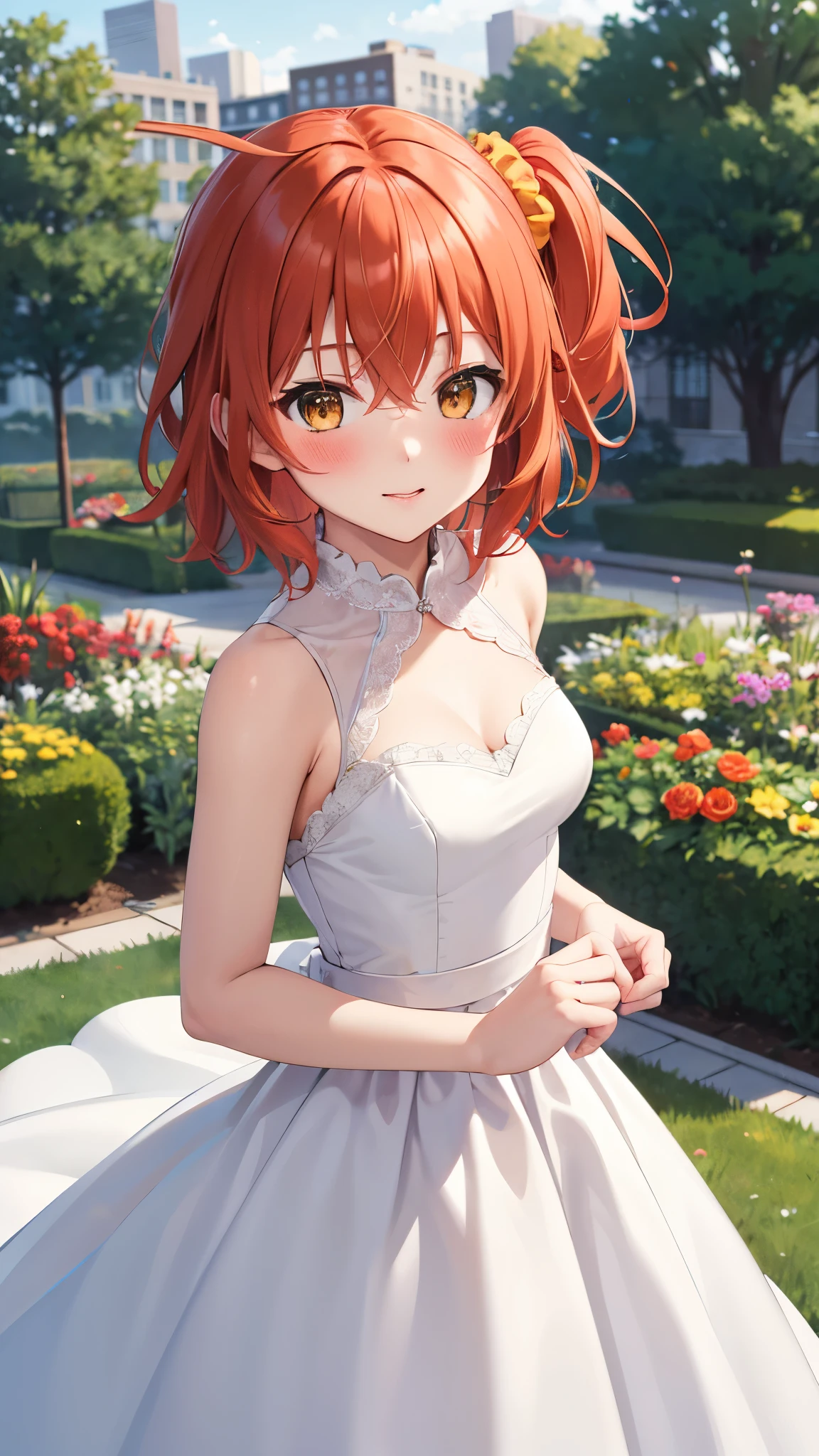 masterpiece, best quality, highres, aaritsuka, short hair, ahoge, hair scrunchie, orange scrunchie, blush, city, garden, wedding dress, breasts