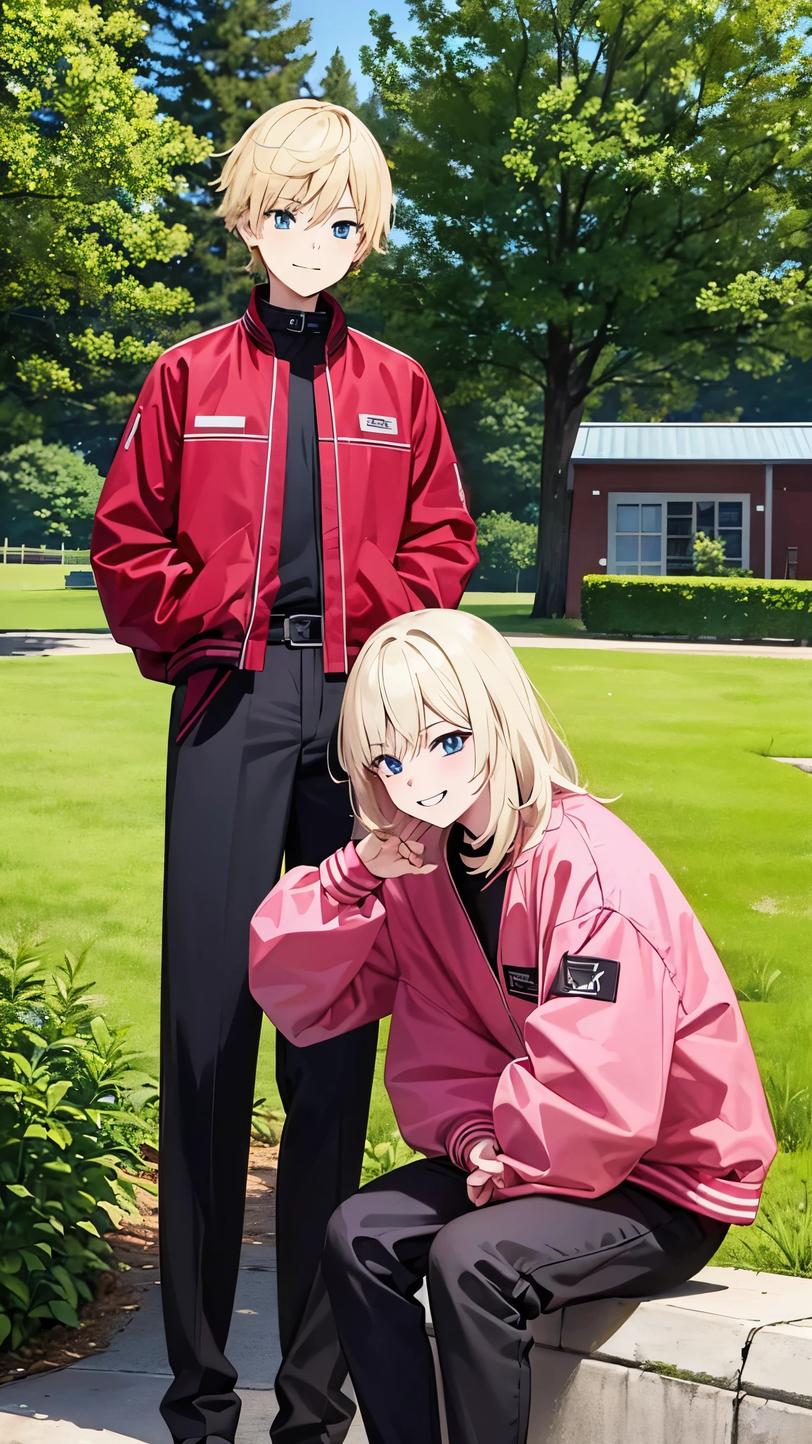 In the image, there is a character with blonde hair and pink highlights, wearing a red jacket with a black collar. The character has blue eyes and is smiling. They are standing in front of a tree and a bench in a park-like setting with bushes and a building in the background. The overall tone of the image is colorful and vibrant.