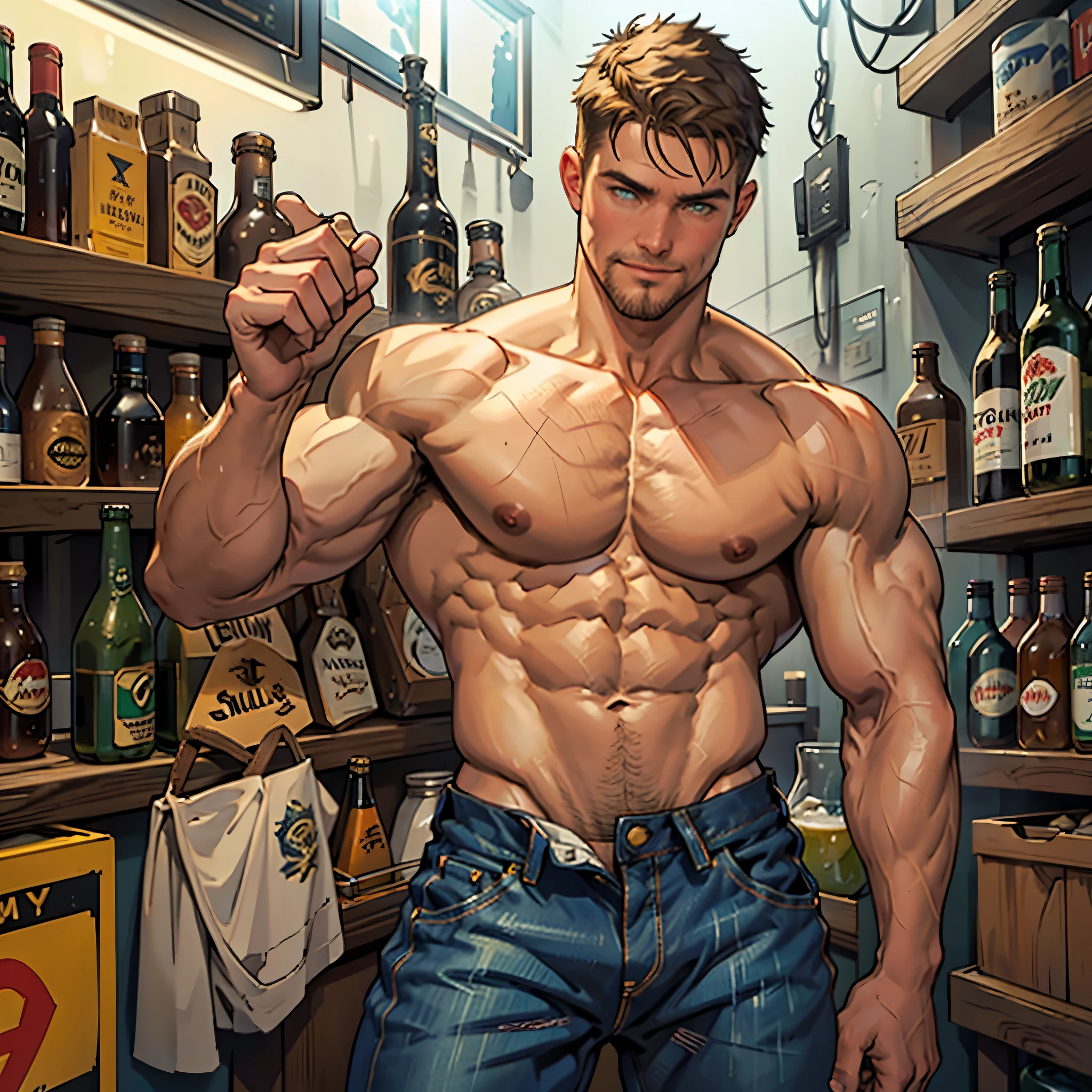 NSFW ,SOLO MAN , tavern ambiance and background、detailed face , detailed body part , detailed hands , detailed fingers, detailed nice size cock ,A handsome tall man standing (((Stephen AMELL))) ,He is 40 years old,Thin waist,The pectoral muscles are well developed, He is 175cm tall,Weight 72 kg、blue-green eyes、brown hair color、short hair, wearing vintage jeans showing his cock , looking at the viewer ,Smiling,Lots of beer bottles,holding a beer bottle in his hand and saying cheers to friends