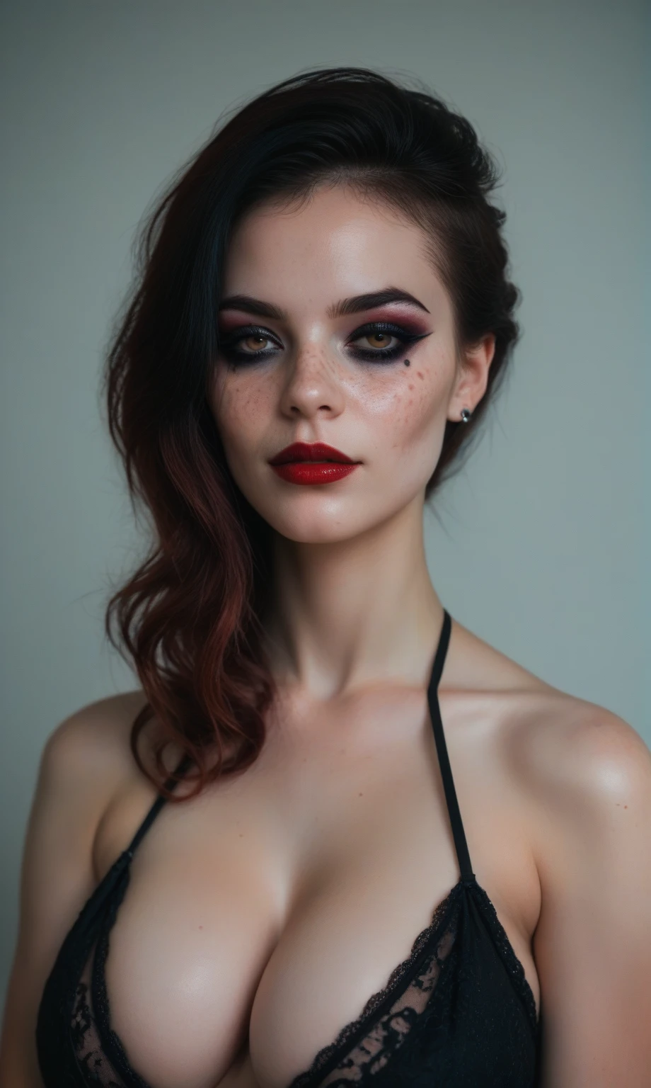 (best quality, hyperdetailed photography:1.2), beautiful lady, freckles, gothic dark makeup, soft light, massive perfect breast,head and breast portrait, cover, (detailed beautiful face, detail skin texture, ultra-detailed body:1.1) sexy vampire girl,