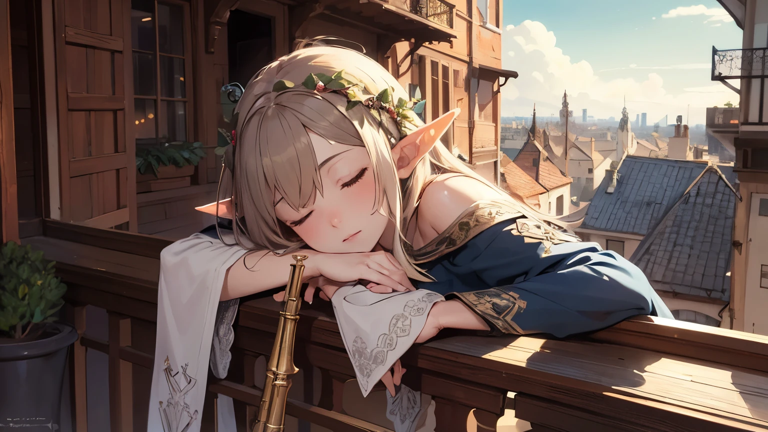 ((best quality)), ((masterpiece)), (detailed), a elf sleeping while holding flute at second floor balcony at the medivel tarven.
