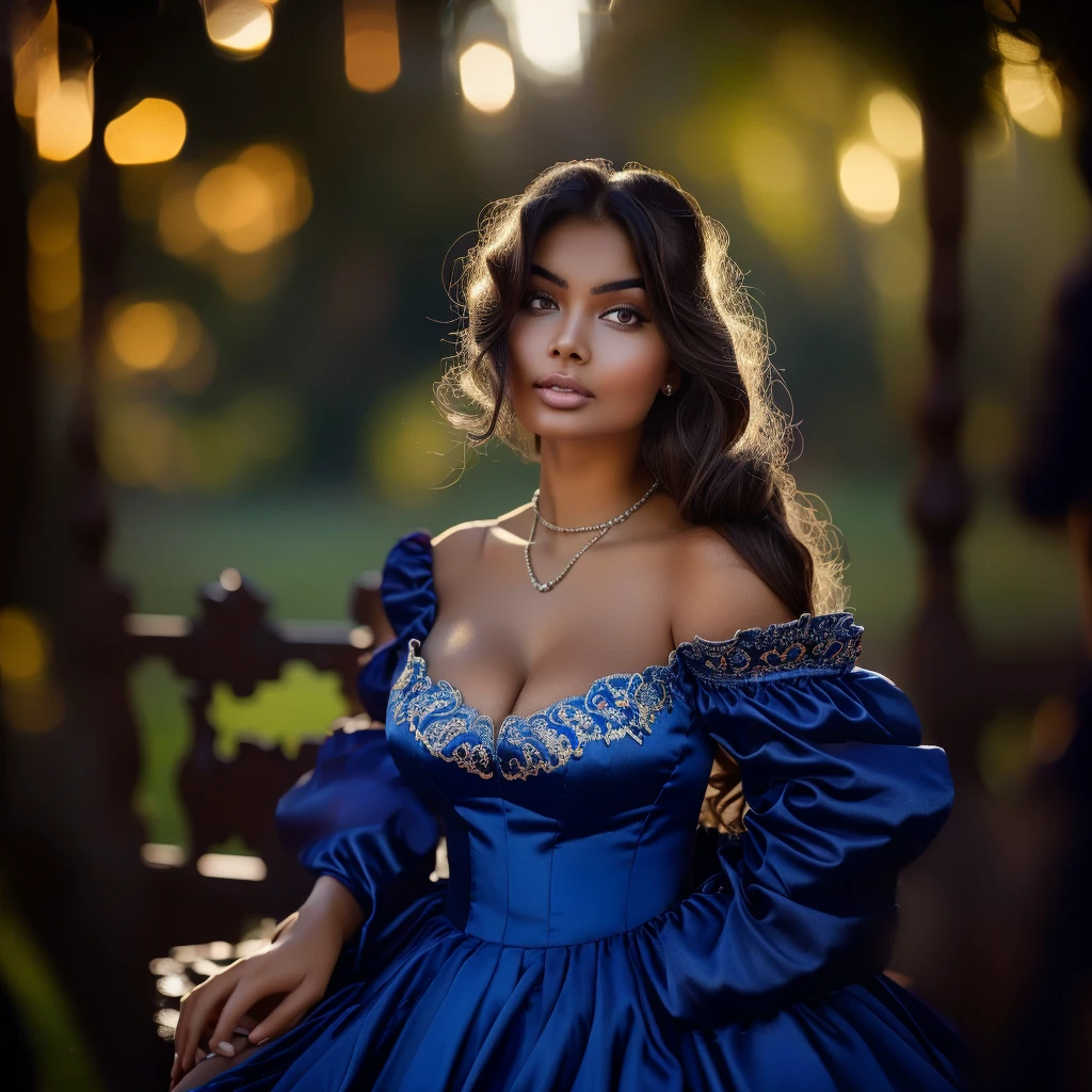 Esha Gupta in image of princess,big seductive eyes,proud pose,high detailes of face,detailed fingers. Masterpiece,The noble queen in stately and exquisite royal blue color royal satin wedding dress,decorated with Embroidery and jewelry,(large puff sleeves,big bust,seductive neckline),pearl necklace,earrings, extra-long gloves, makeup,voluminous crinoline,long perfect hair,raw photo,sharp focus,iso 100,depth of field on photo, bokeh