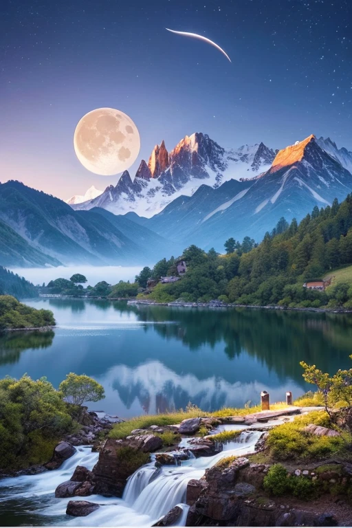 Highest quality、masterpiece、Landscape painting、Moon, Mountains and Lakes、night、Surrealism