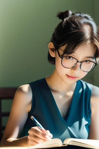 (8k, RAW photo, best quality, masterpiece), (photo realistic), outstanding details, ultra-high resolution, anatomically correct, textured skin, (Extremely precise and accurate anatomy),
Ultra Detailed Face, Detailed Eyes, 

((full body:1.4)), 

A cute 35 year old Japanese girl,( Reading a book in a stylish open-air cafe), (Iced tea and a few books on the table), 

(looking at viewer:1.4), 
(faint smile),  (Mouth slightly open:0.1),
((low chignon hair:1.4)), (Small nose:1.2) , (small mouth:1.2), 
(Ultra Detailed Rimless small glasses),  pupils sparkling,  thin lips, thin eyebrows, 
dark brown hair, Forehead, 

Earrings, Necklace, 
(A ice green sleeveless simple long dress),

(background A simple and wide white room), 
morning sun, (backlighting), 
reflection light from below, 
atmospheric perspective, depth of field, 
(dramatic lighting), cinematic lighting, 