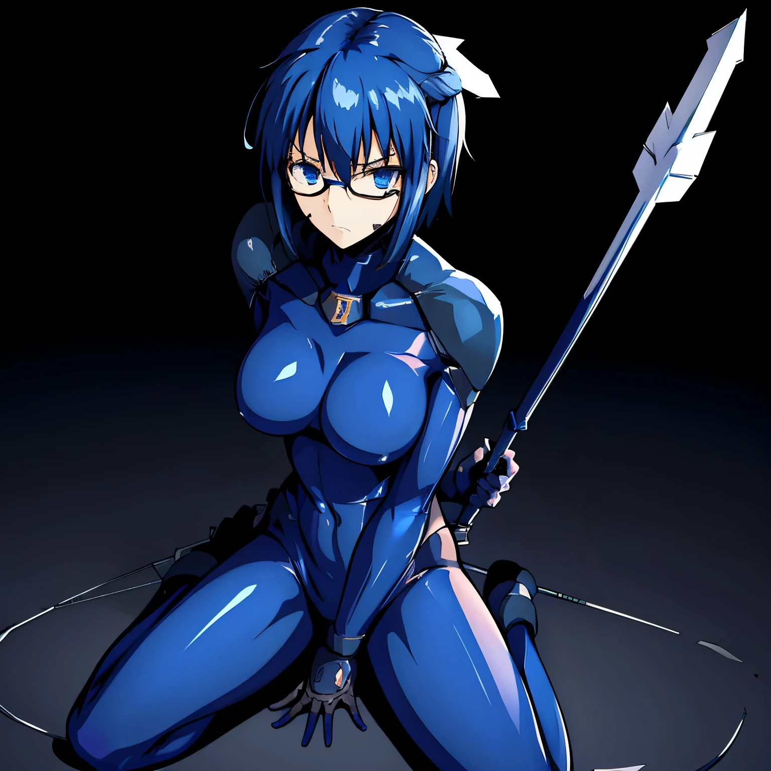 ultra-detailed, Explicit, Beautiful body, Beautiful Nose, Beautiful character design, perfect eyes, perfect face, ultra highres, 4K, beautiful legs, perfect legs, Nice hands, Perfect hand, Masterpiece, Best Quality, Highly detailed, illustration, absurdres, perfect anatomy, expressionless, blank eyes, emotionless,corruption, mind control, female combatant, full body, hypnotized, unhappy trance, full body suit, ribbed bodysuit, both arms at side, obey, perfect female body, looking at viewer, hypnosis, hypnoLora, empty eyes, Mind control device, poses, submissive_pose, Slave, Fighting Stance,numbersuit, two-tone bodysuit:0.9, blue bodysuit:0.9, light blue bodysuit:0.9, (((pixel-perfect, detail-perfect))) 1girl, solo, hair ornament, medium breast, ciel_(tsukihime), blue hair, blue eyes, short hair, glasses, (((holding arrow, giant arrow, holding giant arrow)))