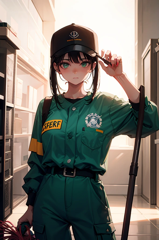 [[[[[1 female]]]]] Close up, only upper body visible, portrait, 1 female, janitor concept, janitor clothes, green clothes, jumpsuit, plain clothes, hat, wearing a baseball hat, looking bored, Holding a mop on the floor