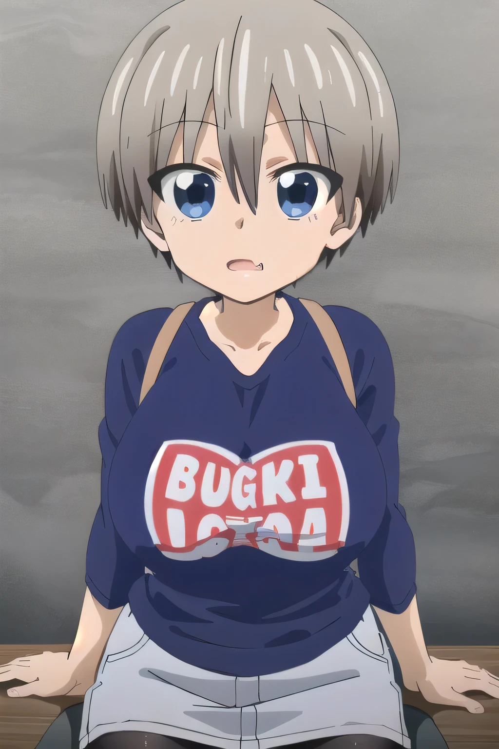 1girl,å®å´è±,short hair,blue eyes,bangs,skin fang,grey hair,fang,hair between eyes,large breasts, nsfw
multicolored shirt,romaji text,black pantyhose,clothes writing,Wet Clothes,denim skirt,raglan sleeves,long sleeves,brown footwear, Exquisite visuals, high-definition,masterpiece,best quality,