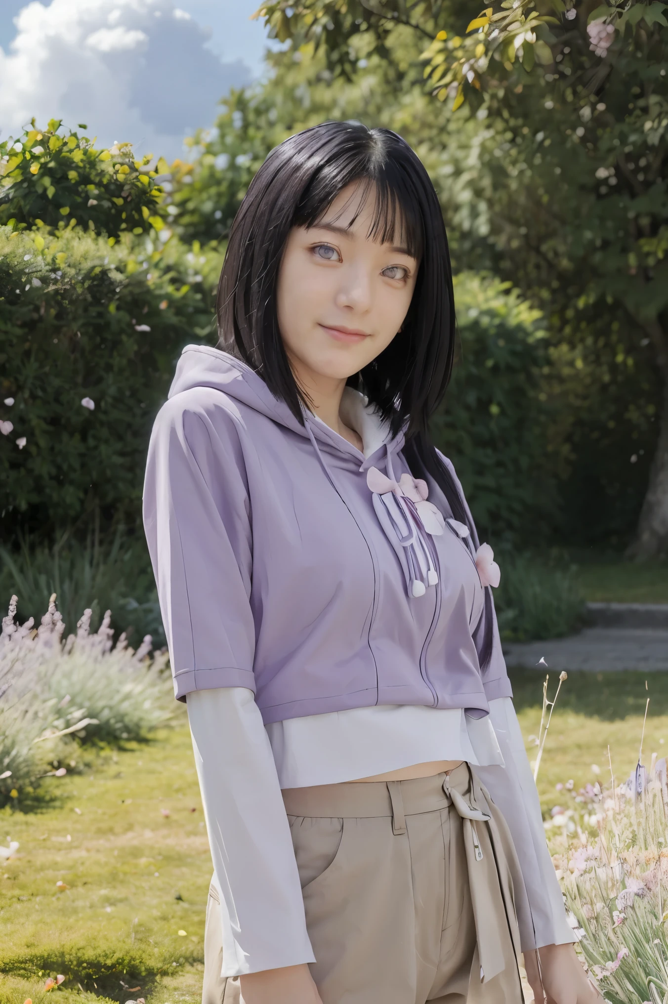 masterpiece, absurdres, hinata\(boruto\), 1girl, solo,mature female, purple hoodie,layered sleeves, brown pants, outdoors,lavender flower field, looking at viewer, (falling petals), cloudy sky, perfect composition, detailed lips, big breast, beautiful face, body propotion, blush, (pink lips), long hair, purple eyes, soft gaze, sad smile, super realistic, detailed, photoshoot, realistic face and body, realistic hair, realistic eyes, realistic nose, realistic lips