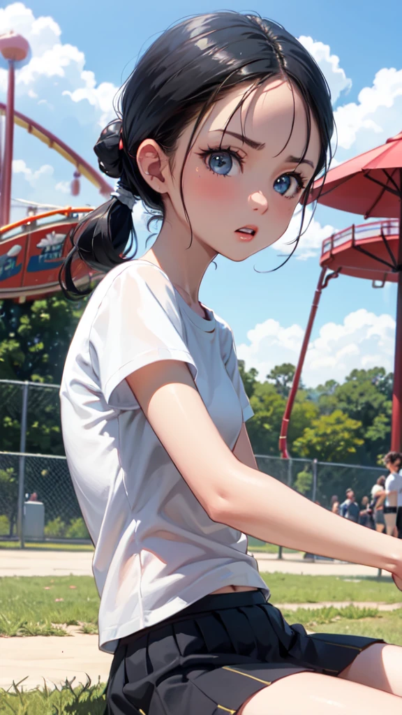 Masterpiece, top quality, white t-shirt, skirt, black hair, small breasts, girl, upper body, summer, hot, sweating, sitting on the ground, pigtails, looking at camera, facing forward, legs spread, angry, amusement park