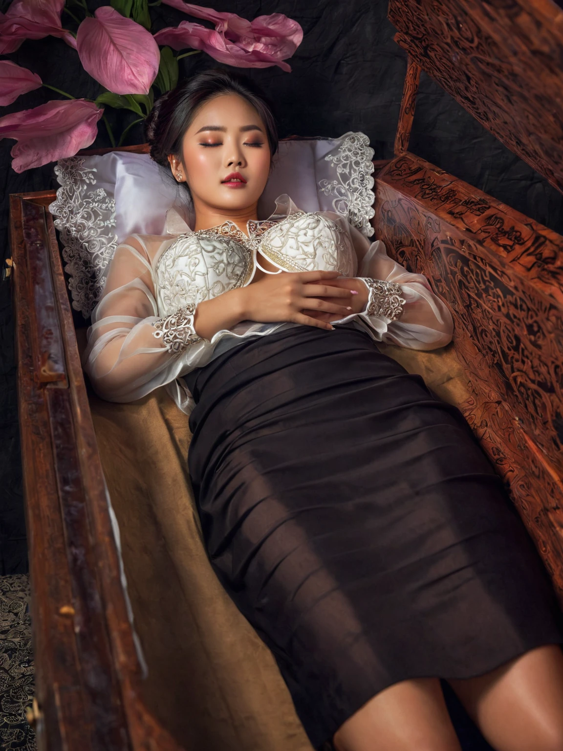 In a striking 8K HDR scene, a stunning Korean woman, 22 years old, lies peacefully in a coffin and coffin cover surrounded by plush pillows. The deep box is set against a rich black background, accentuating the beauty of the subject. Her exquisite deep-V neckline kebaya attire is embroidered with superb detail, showcasing her round and firm breasts, perfect cleavage, and beautiful eyebrows. Her closed eyes and mouth give an air of serenity, while her visible and absolute cleavage leave nothing to imagination. The scene is bathed in saturated colors, highlighting every intricate aspect from the ball skirt to her clean face, straight body, detailed hand perfect hands, straight body, own hands together, own hand on stomach, detailed hands, perfect hands.