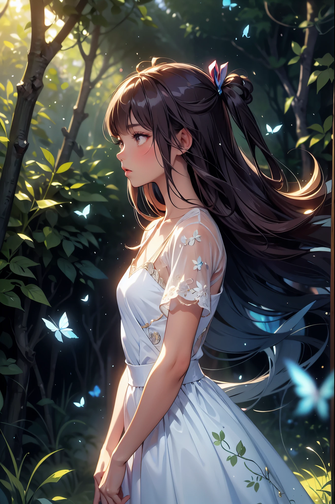 Create an illustration of a young woman standing in a mystical forest during twilight. The woman has long, wavy auburn hair that catches the soft, glowing light of surrounding fireflies. Her hair is adorned with a delicate blue ribbon and a braid intertwined within it. She wears a flowing white dress with blue floral patterns, which gently sways with the evening breeze.The forest around her is lush and verdant, with tall trees and dense foliage, creating a serene and enchanting atmosphere. Small blue butterflies and ethereal fireflies illuminate the scene with their soft, luminescent glow. The background hints at the deep woods, with shadows playing around, adding depth and a sense of mystery.The woman's expression is serene, and she seems lost in thought, her profile highlighted by the gentle, magical light. The overall mood of the illustration is one of peaceful contemplation and otherworldly beauty.