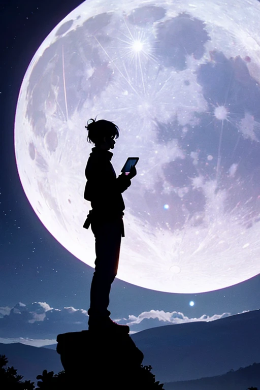 Highest quality,Big moon and shadow,A silhouette of a person can be seen against the backdrop of a large moon.,There is one full moon,There is a mood,Beautiful scenery,Starry Sky