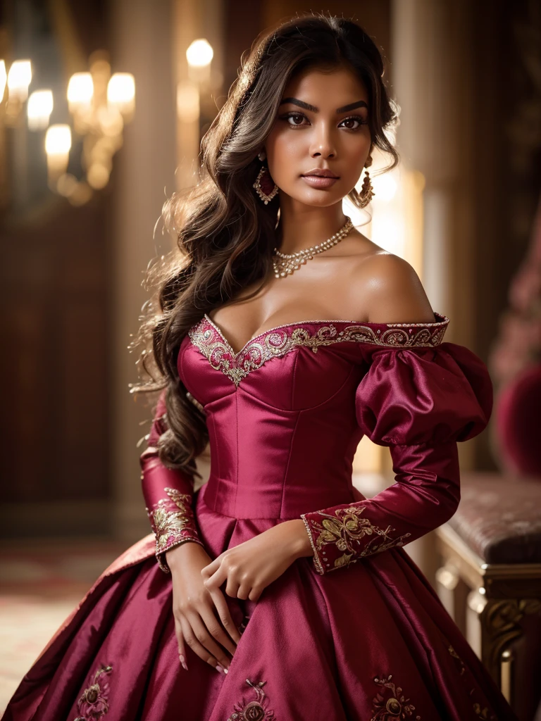 Esha Gupta in image of princess,big seductive eyes,proud pose,high detailes of face,detailed fingers. Masterpiece,The noble queen in stately and exquisite fuchsia color royal satin wedding dress,decorated with Embroidery and jewelry,(large puff sleeves,big bust,seductive neckline),pearl necklace,earrings, extra-long gloves, makeup,voluminous crinoline,long perfect hair,raw photo,sharp focus,iso 100,depth of field on photo, bokeh