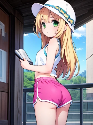 One girl, erotic, Browsing Caution, 18+, Small Dolphin Shorts, Pink shorts, Recall, Butt, Panty shot,, masterpiece, Highest quality, Very detailed, Long blonde hair, Green Eyes, White Hat