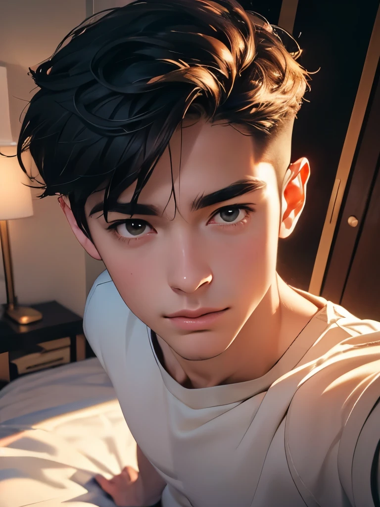 (highest quality,4K,8K,High resolution,masterpiece:1.2),super detailed,(realistic,photorealistic,photo-realistic:1.37),figure,Lonely beautiful  man,late 20s,Upper body,brown hair,brown eyes,Reach out and take a selfie with your smartphone,dynamic angle,wearing pajamas,overhead view,background on the bed,Are sleeping,smartphone screen