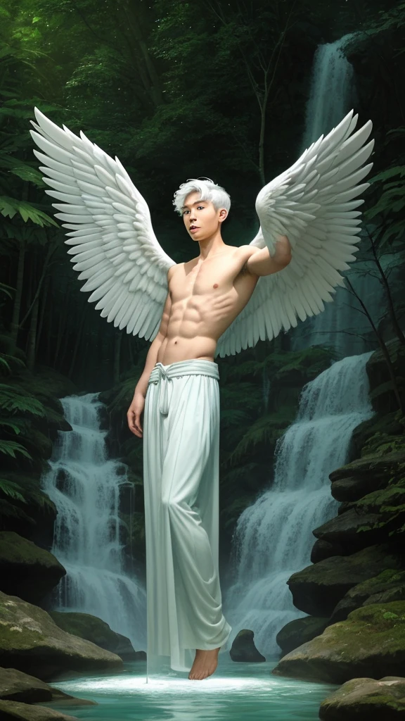 A young Thai-Korean man with short white hair and very large, thick, white angel wings that are folded behind his back, standing in the middle of a waterfall that falls straight down onto his head, beside a quiet forest water source. The water is clear, blue-green, with beautiful pleated wings. Flowers and gems with long, detailed, hers to touch the water, making the water droplets flow through the quiet and lovely atmosphere. The light flows and through the trees to create a distant forest. The background light reflects the aura. An angel with folded wings, the highest resolution, the clearest image, professional photography, realistic, soft, 3D, 4K, 1080 HP, unreal engine 5+realistic