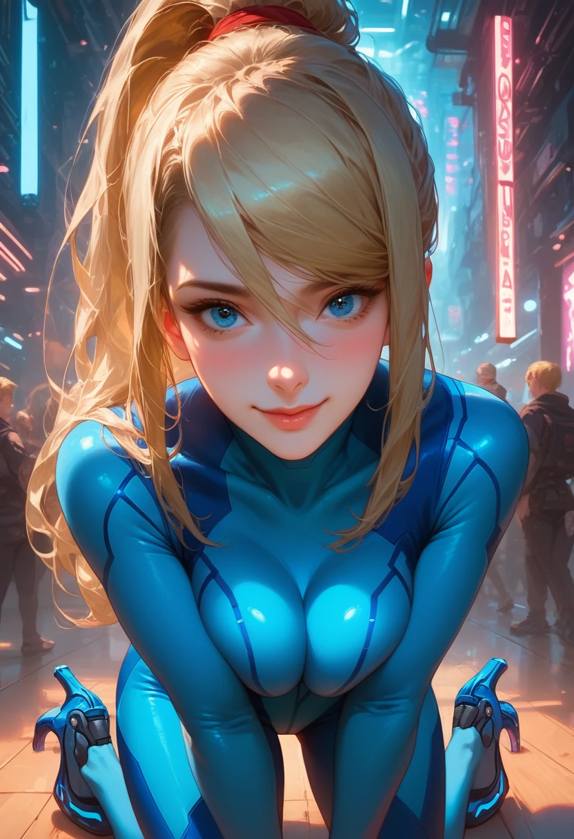 Samus aran, standing, blonde hair, bodysuit, blue clothes, blue pants, high heels, blonde hair, blue eyes, posing, (dynamic sexy pose:1.2), (perfect face), adorable, detailed eyes, (detailed face:1.2), looking at viewer, shy, horny, (arrogant face:0.8), teasing, subtle smile, flirting, seductive, perfectly round breast, unique perspective, dramatic lighting, erotic aesthetics, cute girl, face focus, medium shot, detailed setting, detailed background, futuristic setting, (neon lights:1.4), in futuristic dark room