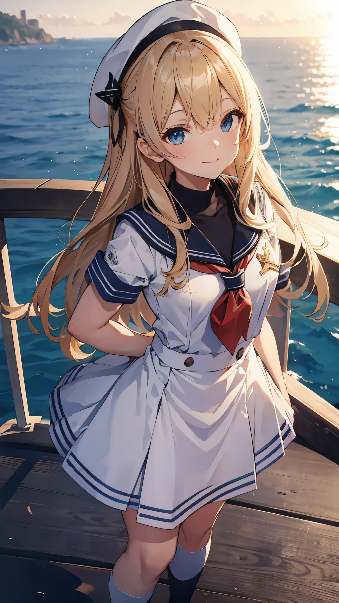 UHD, anatomically correct, super detail, high details, best quality, textured skin, masterpiece, accurate, highres, award winning, blonde hair, hair over shoulder, hair over eyes, light smile, wink, Sailor, sailor uniform, cap, cleaning the deck of a battleship, deck brush on shoulder, saluting, Hands on hips