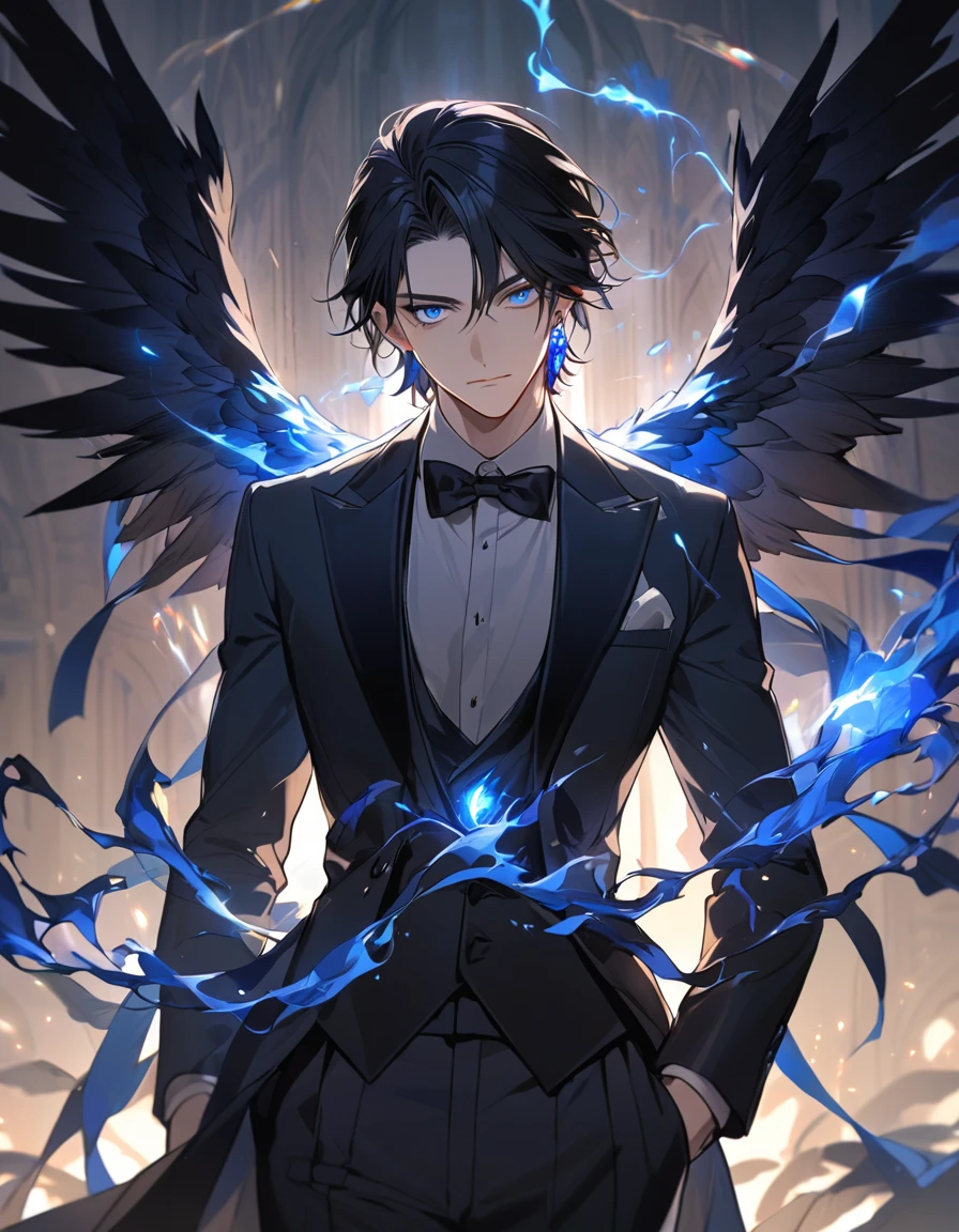 male, black hair, blue eyes, black wings, black tuxedo, blue earrings, emitting a dark aura, handsome