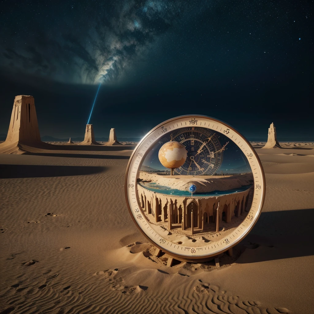 imageio: A sand clock with the world collapsing inside the bottom, representing time running out.
elements: deserts, burned forests, floods, and storms within the bottom of the clock.
texto: "What is Climate Change?" at the top of the sand clock.