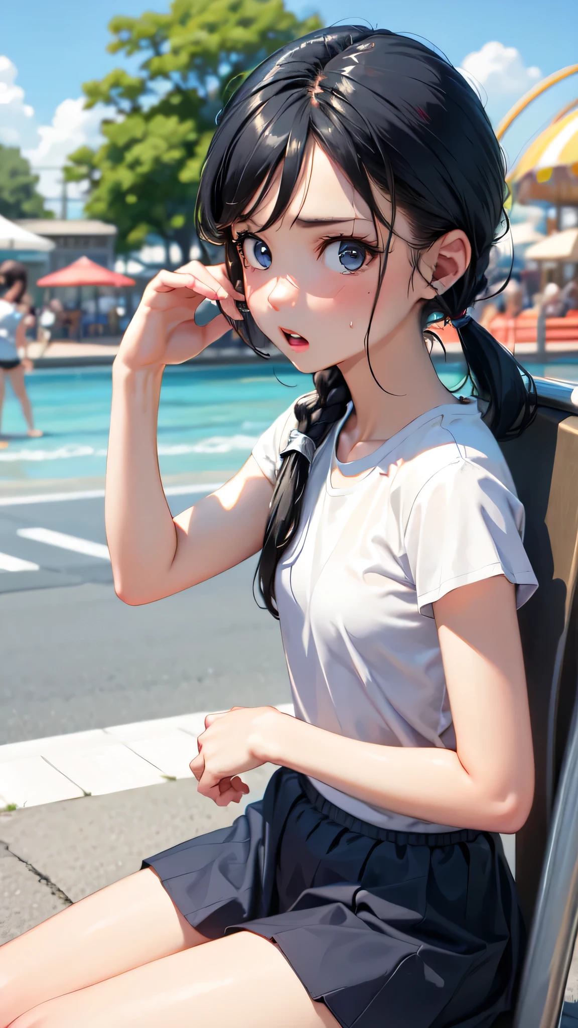 Masterpiece, top quality, white t-shirt, skirt, black hair, small breasts, girl, upper body, hot, sweating, sitting on the ground, pigtails, looking at camera, sea, summer, facing forward, legs spread, angry, amusement park