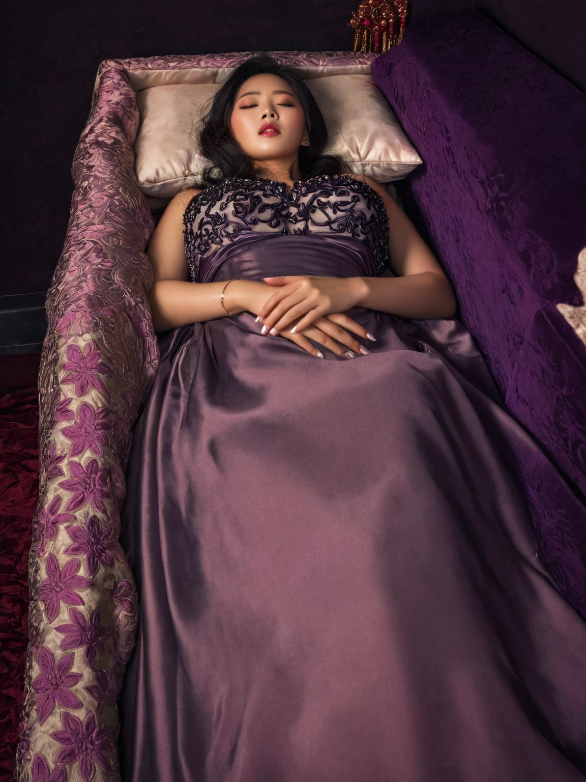 In a striking 8K HDR scene, a stunning Korean woman, 22 years old, lies peacefully in a coffin and coffin cover surrounded by plush pillows. The deep box is set against a rich black background, accentuating the beauty of the subject. Her exquisite deep-V neckline kebaya attire is embroidered with superb detail, showcasing her round and firm breasts, perfect cleavage, and beautiful eyebrows. Her closed eyes and mouth give an air of serenity, while her visible and absolute cleavage leave nothing to imagination. The scene is bathed in saturated colors, highlighting every intricate aspect from the ball skirt to her clean face, straight body, detailed hand perfect hands, straight body, own hands together, own hand on stomach, detailed hands, perfect hands.