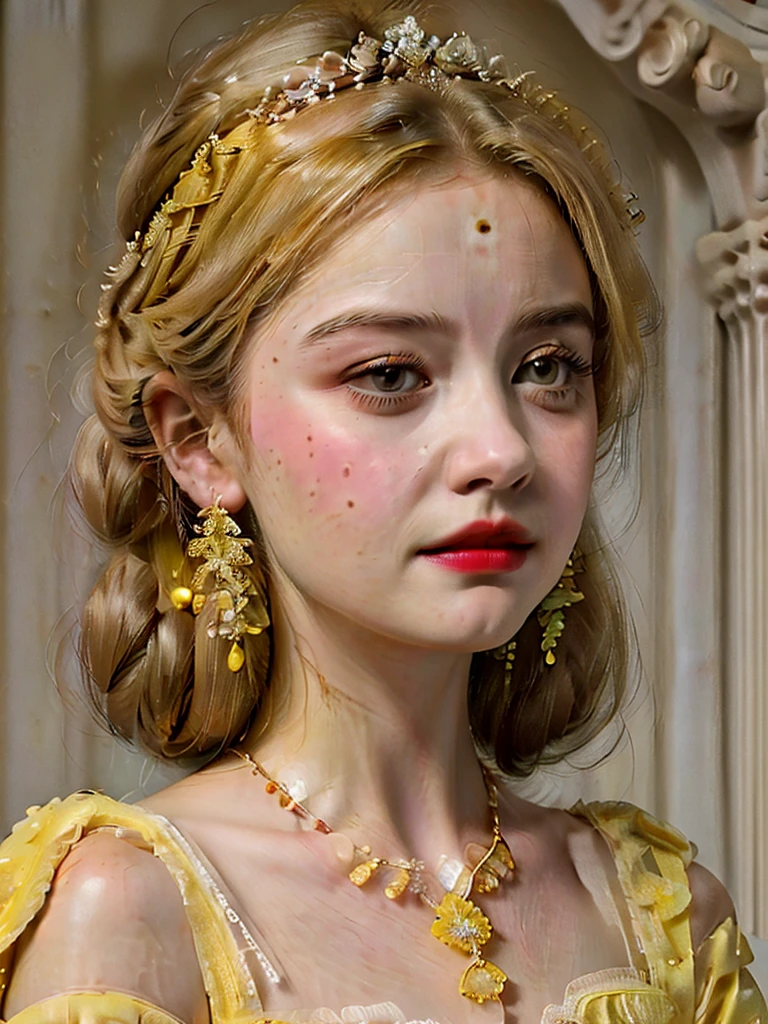 (best quality, 10k high res, masterpiece:1.2), ultra-detailed, (photo-realistic:1.37), ((best quality)), ((masterpiece)), (detailed), ((Jenna Coleman as a refined aristocratic lady from the Elizabethan era standing in a grand stately hall in brilliant sunshine)), ((enigmatic smile)), perfect eyes, ((beautiful high gloss shiny oiled skin)), ((Spectacular lemon-yellow satin and white lace Elizabethan gown)), ((Elizabethan era hair and make-up)), ((blushed red cheeks)), ((light red lips)), ((full-length body)), side view, Elizabethan era hairstyle and make-up,big breasts, very long eyelashes 