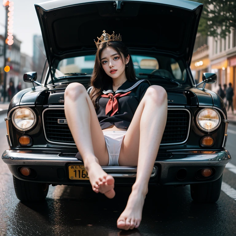 SFW, (Closeup from Crotch to Face) ExtremelyDetailed (SchoolGirl Lean against the Car) Spread Knees Up, perfect face, Brilliant(Tiny Crown), Detailed(Delicate Clothing textures) Sailor Uniform with Red Ribbon (((WhitePanties))), PerfectHand with Childish 4Fingers and one Thumb, Corrected Leg to Foot Line, ((Starry Colorful Lights at Dusk City)) ((Specular Reflection:1.28)of Shiny Cars and Wet Shiny Road), ((Hidden Arm) Hidden Sole) Red[High-Heels], TopQuality 8K Ultra-detailed masterpiece (ProfessionalPhoto:1.37)(Acutance:0.8)