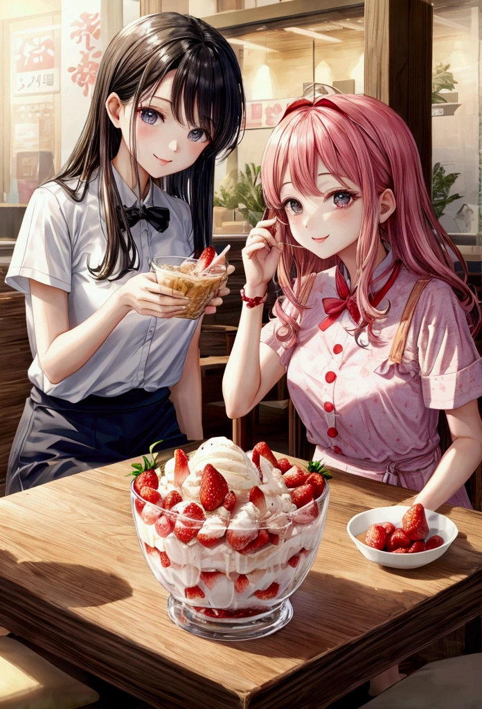 Strawberries as the main、Illustration of a fruit parfait with plenty of slightly melted ice cream。
I would like the background to be a Korean-style cafe for young people.。Please make the illustration look like the photo.。