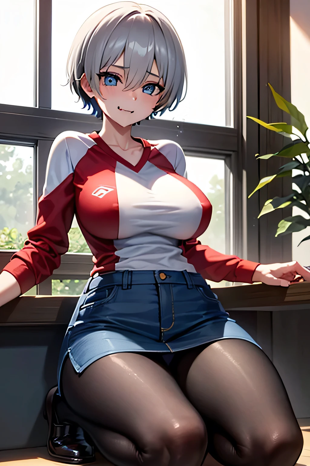 1girl,å®å´è±,short hair,blue eyes,bangs,skin fang,grey hair,fang,hair between eyes,large breasts, nsfw
multicolored shirt,romaji text,black pantyhose,clothes writing,Wet clothes, splashed breasts,denim skirt,raglan sleeves,long sleeves,brown footwear, Exquisite visuals, high-definition,masterpiece,best quality,