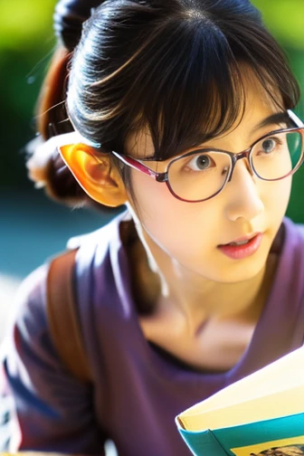 (8k, RAW photo, best quality, masterpiece), (photo realistic), outstanding details, ultra-high resolution, anatomically correct, textured skin, (Extremely precise and accurate anatomy),
Ultra Detailed Face, Detailed Eyes,
((full body:1.4)),
A cute 35 year old Japanese girl,( Reading a book in a stylish open-air cafe), (Iced tea and a few books on the table),
(looking at viewer:1.4),
(faint smile), (Mouth slightly open:0.1),
((low chignon hair:1.4)), (Small nose:1.2) , (small mouth:1.2),
(Ultra Detailed Rimless small glasses), pupils sparkling, thin lips, thin eyebrows,
dark brown hair, Forehead,
Earrings, Necklace,
morning sun, (backlighting),
reflection light from below,
atmospheric perspective, depth of field,
(dramatic lighting), cinematic lighting,