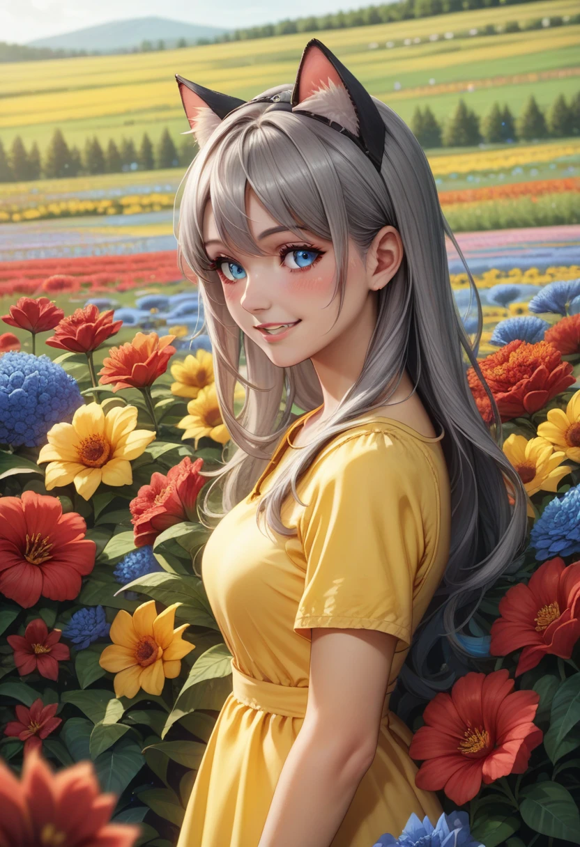 score_9, score_8_superior, score_7_superior, score_6_superior, detailed, Gray Hair, Long Hair, ribbon, Outdoor, Cat ears, blue eyes, yellow sundress, Flowers, colorful Flowers, red Flowers, blue Flowers, Field, From the side, Recall, smile, blush