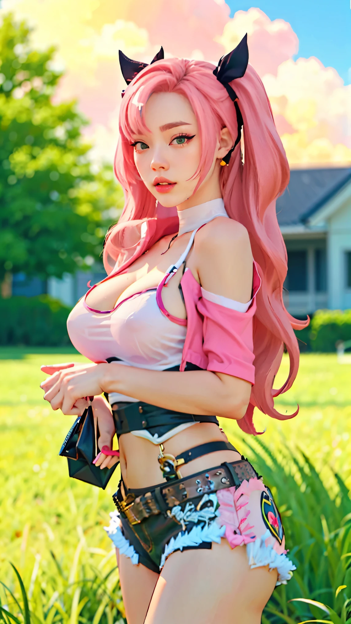 best quality, tmasterpiece,Ultra-high resolution,Clear face,(Reality:1.4),ferpect lighting,(upper body), (photorealistic:1.50), anime wallpaper, Guviz style artwork, cover-up fantasy up to magic , by Yang J, Guviz, beautiful artwork illustration, beautiful digital artwork, beautiful digital illustration, Li Song, beautiful anime portrait, art style in Beauvot, 25 year old woman, 1girl, solo,cosplay, looking at the audience,
long hair, (pink hair:1.5),(twintails ),(hair ribbon), Blue eyes, Tube Top, single thighhigh, short shorts, cropped jacket, belt boots, hair ribbon, hairclip, earrings, single sock, high belt, thigh strap, detached sleeves, Doll, black collar,
Outdoor, grassland, park, garden, (standing:1.5), night sky, (looking at viwer:1.3), (upper body:1.5), (medium breasts), (shagging breasts),