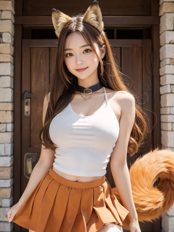((Highest quality, 8k)), ((masterpiece)), (Highest Resolution), Perfect Face, Fox Girl, high school girl, Beautiful woman, public, One tail, she has thick thighs, Big tail, She has an orange fox tail., She wags her tail, smile, Fur collar, She is wearing a short skirt, Beautiful Hips , Big Breasts, The skirt is rolled up at her tail