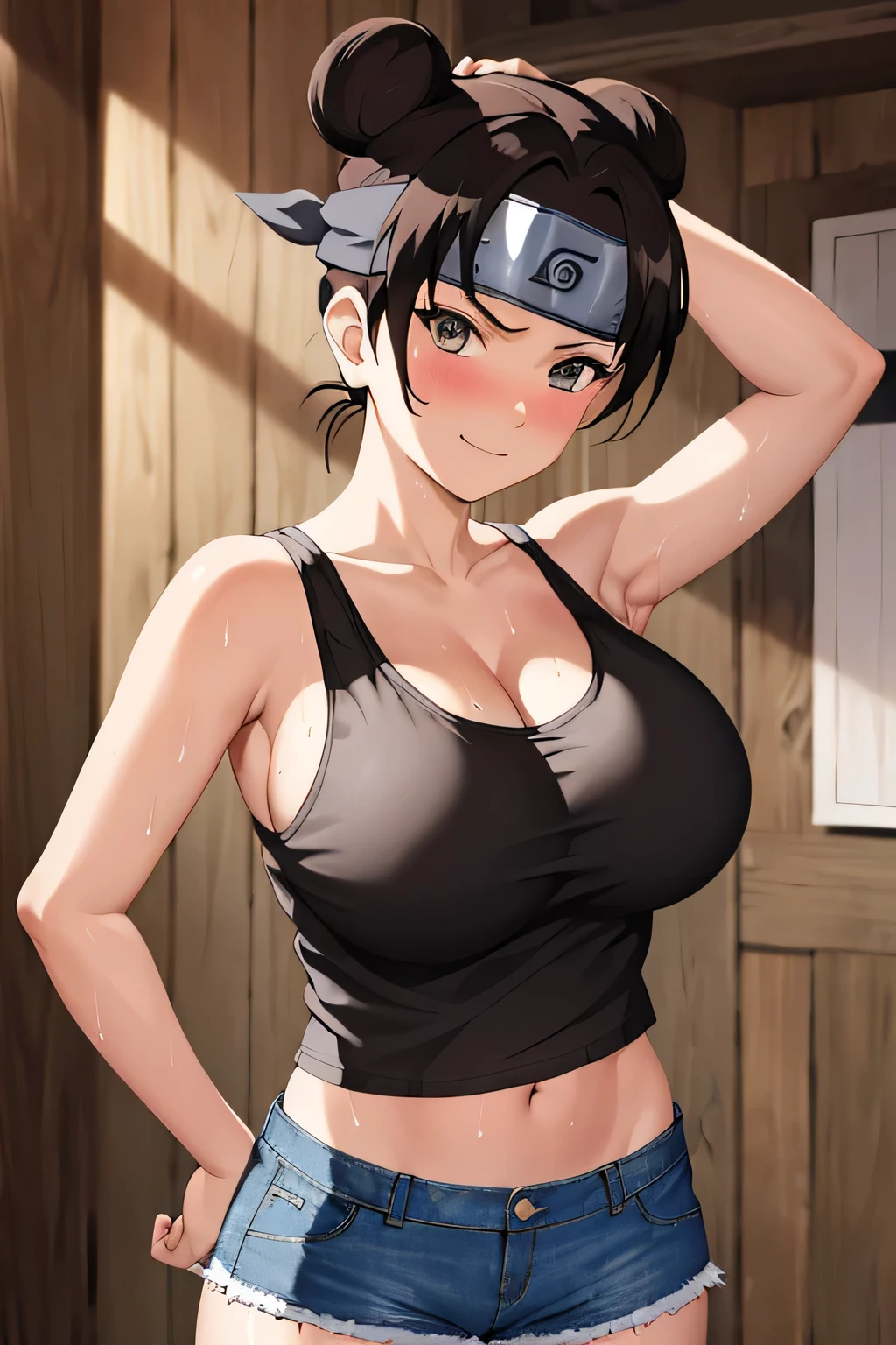 masterpiece, absurdres , (intricate details), (colorful),cinematic lighting,bust shot,extremely detailed CG unity 8k wallpaper,tenten\(shippuden\), 1girl, solo, ((tank top, denim shorts)), (Very Big breasts), hand on hip, forehead protector, Wet Clothes,konohagakure symbol, headband,  looking at viewer, (village street), charming smile, ((slim waist)), ((blushing)), armpit, full body