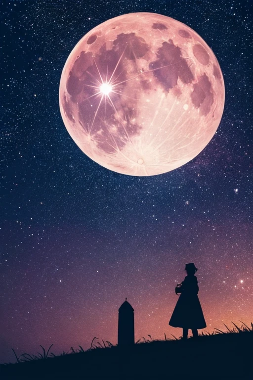 Highest quality,Big moon and shadow,A silhouette of a person can be seen against the backdrop of a large moon.,There is one full moon,There is a mood,Beautiful scenery,Starry Sky