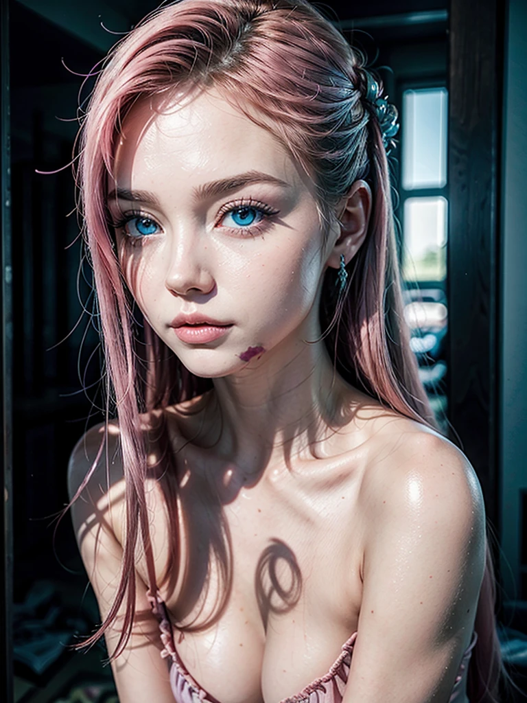 A fairy woman with pink skin and blue eyes 