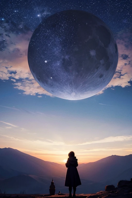 Highest quality,Big moon and shadow,A silhouette of a person can be seen against the backdrop of a large moon.,There is one full moon,There is a mood,Beautiful scenery,Starry Sky