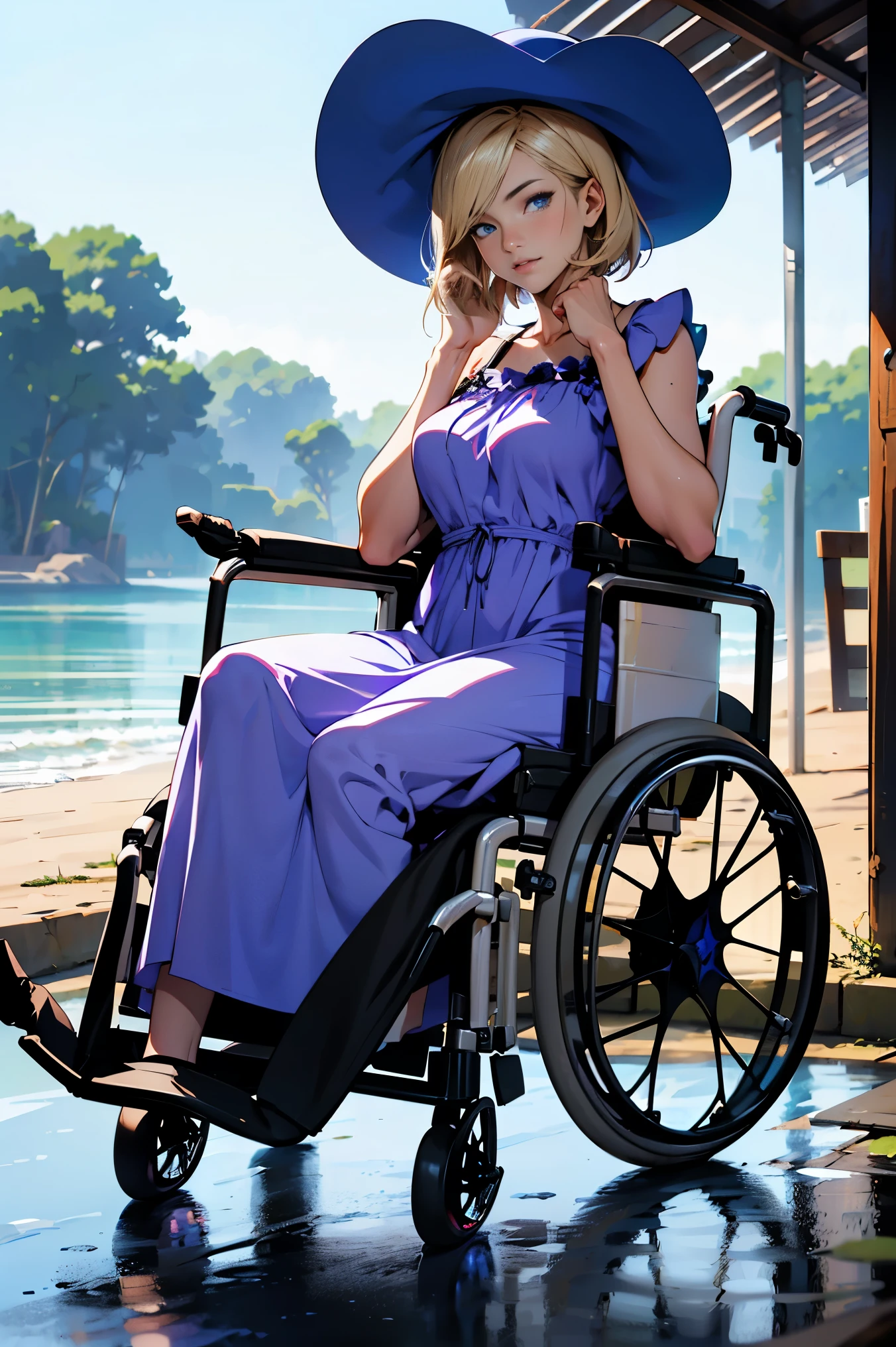 (((((full body))))), (((((wheelchair))))), (((((fair skin))))), ((((2 legs)))), (((slim body))), (((sitting straight))). masterpiece, best quality, anime, anatomically accurate, detailed face, pretty face, extremely detailed face, ((((1girl)))), (((short hair))), (((long legs))), (huge breasts), bob cut hair, blonde hair, big and expressive eyes, (((wearing violet sundress and brimmed hat))), mesmerizing hair, slender hips, (Perfect hands and fingers very well detailed), full body photo, on the seashore, 16 years old, reflection in the eye, blue eyes, anime, Anime Style, cinematic lighting, ray tracing, panorama, Sony FE, high definition, artwork, Anatomically Correct, Textuvermelho Skin, super detail, high quality, high resolution, high definition