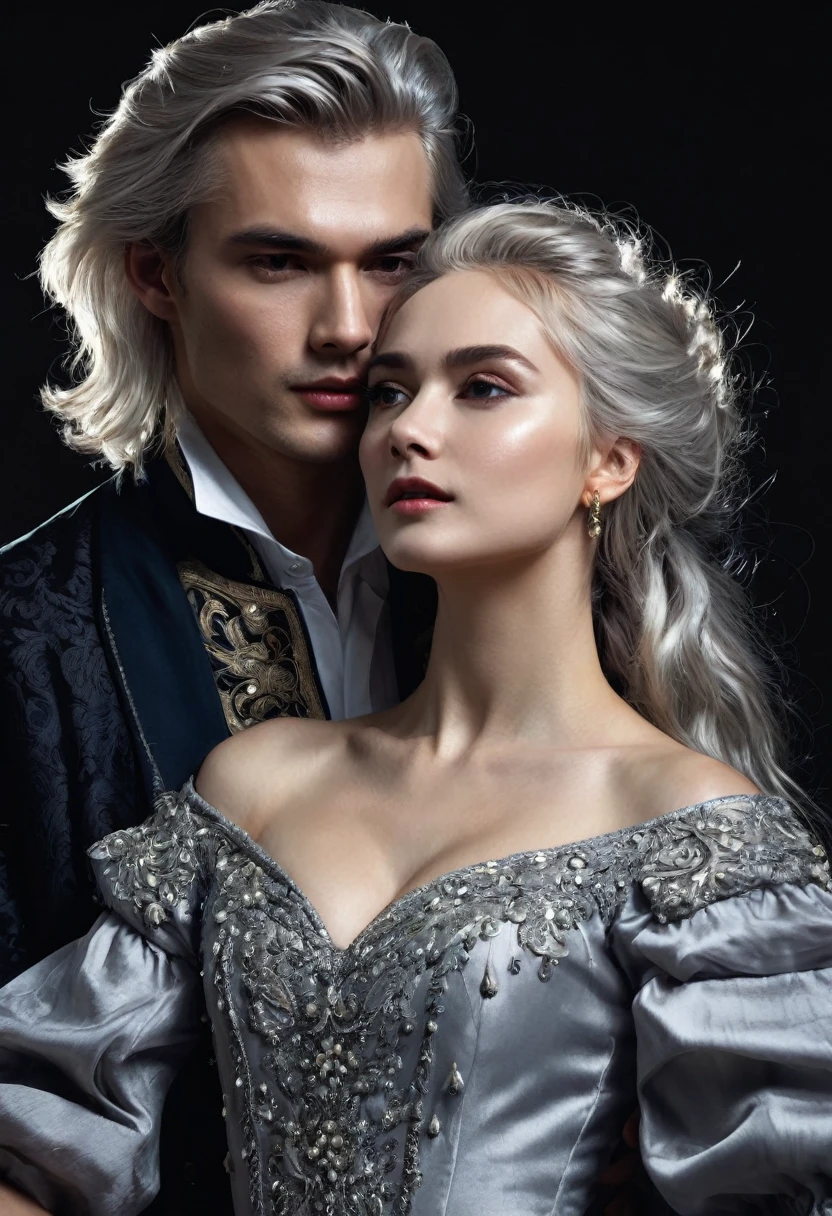 Masterpiece, Superb Fashion, (Fashion Costume), (Illustration), (2 People), Handsome Young Couple, (Russian Mill Style), Fashion, Silver Hair, (Long Hair), (Messy Hair), (White Skin), (Dark Circles), Handsome, Dance Steps, Trend, Dark Gray,, Close Up, (Grand Background), (Chiaroscuro)), Fine Face Details, Facial Details, Cinematic Lighting, (Depth of Field), UHD, (Upper Body), Black Background
