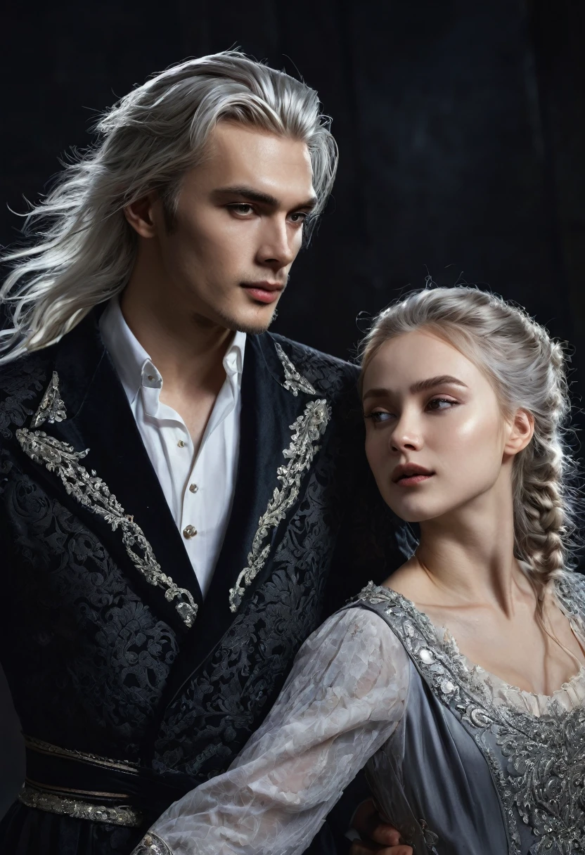 Masterpiece, Superb Fashion, (Fashion Costume), (Illustration), (2 People), Handsome Young Couple, (Russian Mill Style), Fashion, Silver Hair, (Long Hair), (Messy Hair), (White Skin), (Dark Circles), Handsome, Dance Steps, Trend, Dark Gray,, Close Up, (Grand Background), (Chiaroscuro)), Fine Face Details, Facial Details, Cinematic Lighting, (Depth of Field), UHD, (Upper Body), Black Background