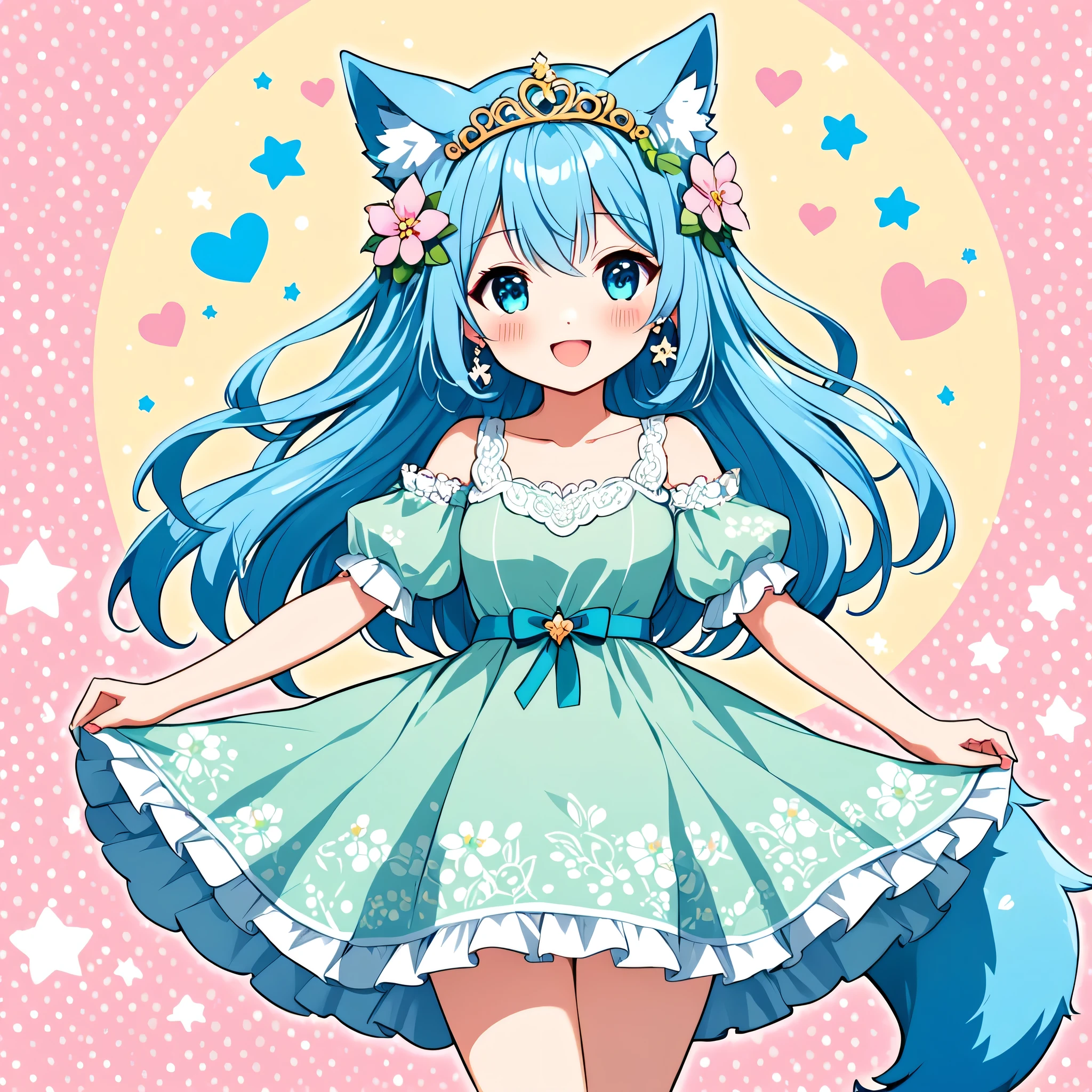 The mascot of the Anime Lover Brazil website is a Japanese demi-human journalist with a charming appearance and a vibrant personality.. Your hair is sky blue, long and a little wavy, falling gracefully from the shoulders. Your eyes are big and clear, always glowing with curiosity and enthusiasm. The skin is clear and smooth, highlighting your semi-human nature with a delicate lightness.The mascot has wolf ears covered in soft blue fur, positioned on top of the head, giving a lovely and distinctive appearance. She has a blue wolf tail that wags happily, reflecting your emotions.
For spring, the mascot wears a light and flowing light pink or mint green dress, with delicate floral prints. The dress has short sleeves and is slightly flared, providing freedom of movement. On the feet, She wears comfortable flats matching her dress. As an accessory, she can wear a flower tiara that complements her sky blue hair. Small heart or star shaped earrings remain, adding extra charm. The mascot continues to display a beaming smile or an expression of curiosity.
She also wears small heart or star shaped earrings., adding extra charm.The mascot is often seen with its arms cutely crossed or with one hand raised, as if explaining something enthusiastically. She always wears a beaming smile or an expression of curiosity, ready to discover new stories.