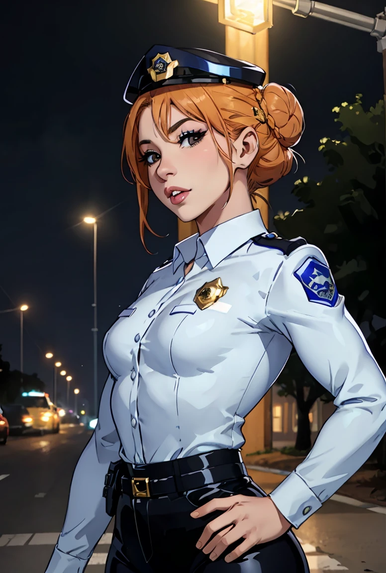 (cowboy shot:1.5) 1 same girl , orange hair, perfect beautiful , Madurese way , ((korean woman)), Korean 18 years old , ((big hair bun:1.4)) , ((police officer costume)), ((police cap:1.5)),athletic body , ((small breasts:1.5)) Extremely detailed portrait with bokeh effect , Realistic lighting ,(latex pants)Night view of the street , dark environment , (small body:1.7) streets , gothic makeup  , posing as a model , look at the viewer, ((swollen lips:1.3)), cool lighting, blue streetlight light((sunset ambient light:0.8))