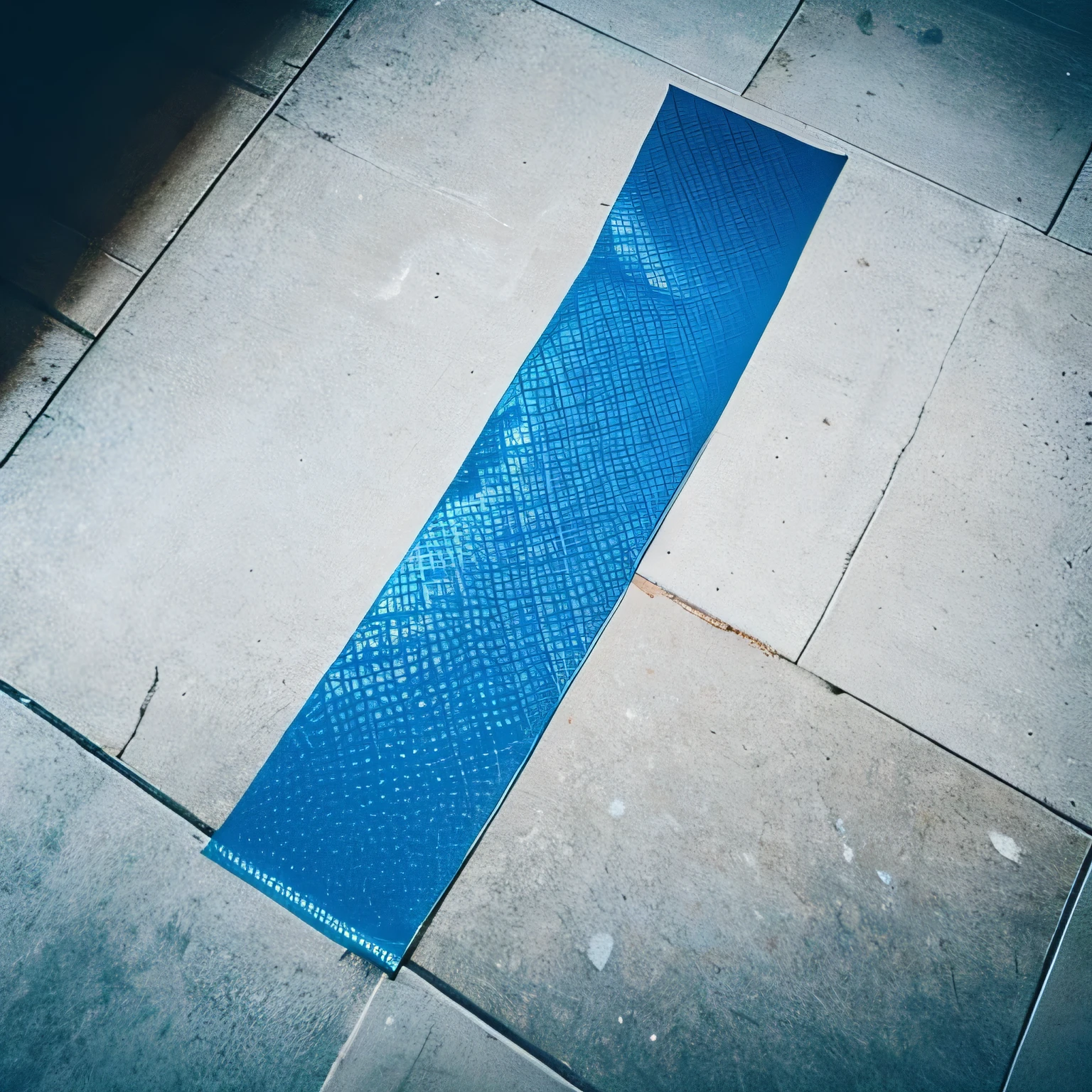A piece of blue duct tape on the floor, Camera angle from above, Wrinkled, White simple floor, high quality