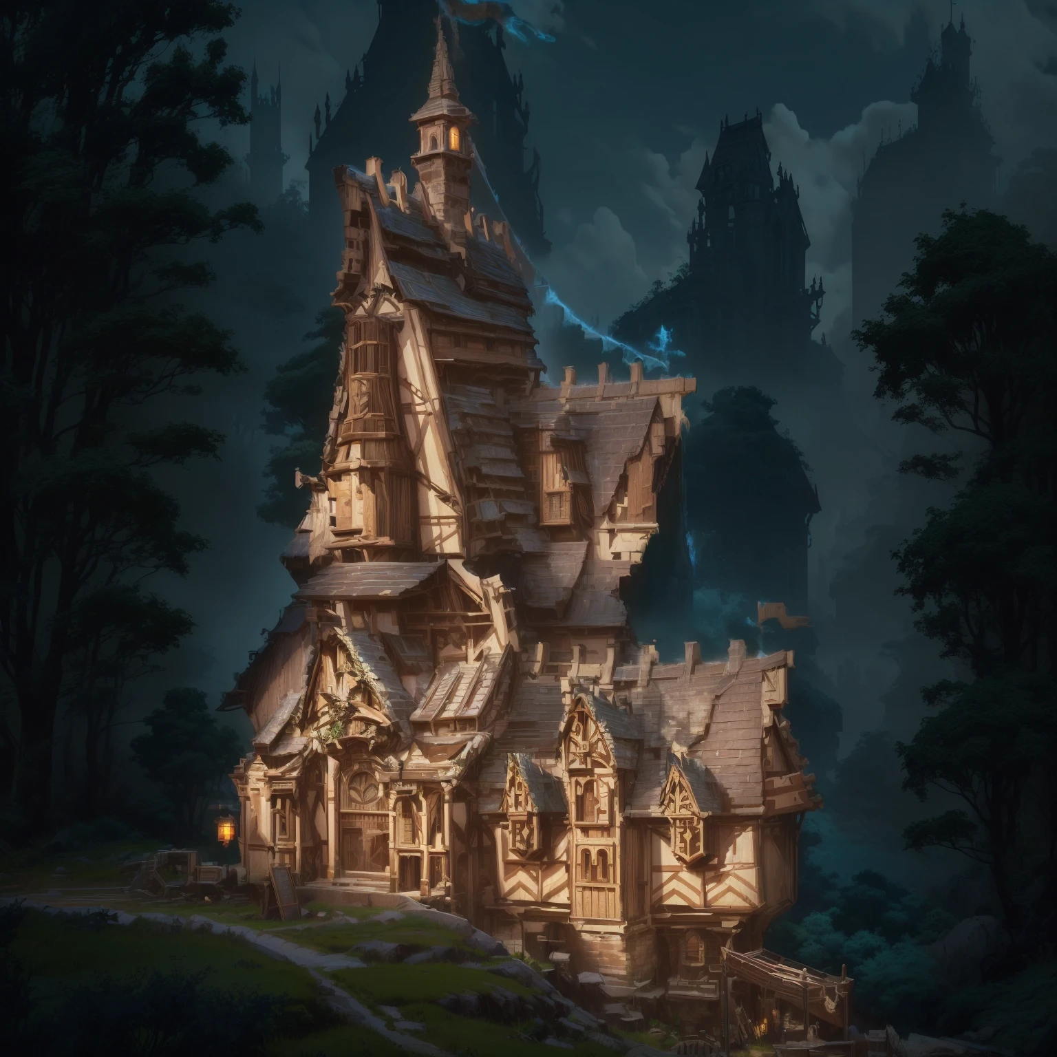 Close-up of the house，There is a flag on it, Fantasy Architecture, giant medieval tower concept art,Concept art is very detailed, The Mage Tower is far away, Wizard Tower, Ruina Library concept art, Magic Castle School on the Hill, Elf Building, Wizard Tower, Medieval Concept Art,Medieval architecture，Pub，shop，grassland上有一栋建筑，grassland，lawn，