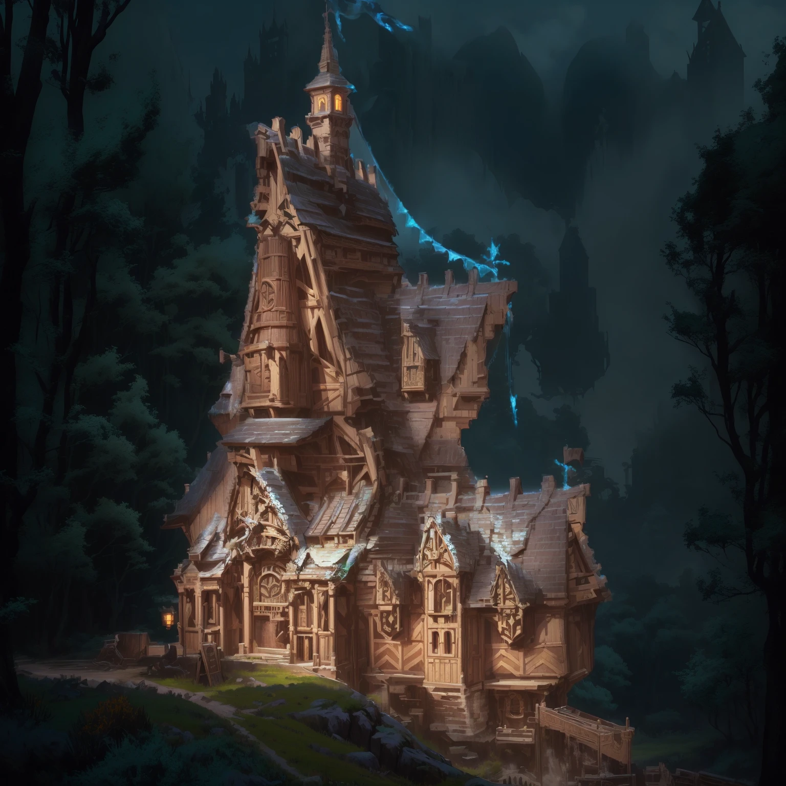 Close-up of the house，There is a flag on it, Fantasy Architecture, giant medieval tower concept art,Concept art is very detailed, The Mage Tower is far away, Wizard Tower, Ruina Library concept art, Magic Castle School on the Hill, Elf Building, Wizard Tower, Medieval Concept Art,Medieval architecture，Pub，shop，grassland上有一栋建筑，grassland，lawn，